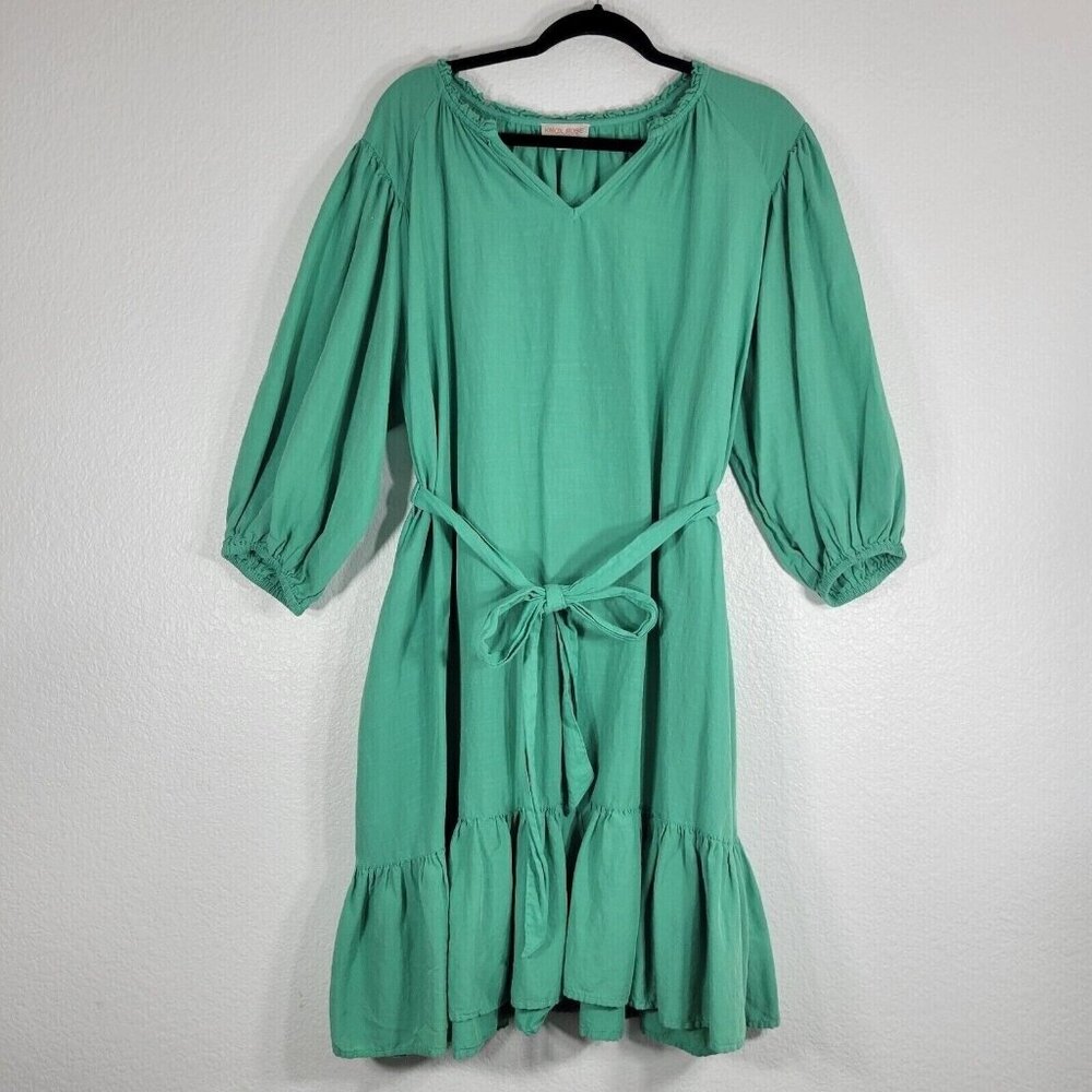 Knox Rose Women Medium Pullover Dress Tie Waist Ruffle Bottom Green Spring